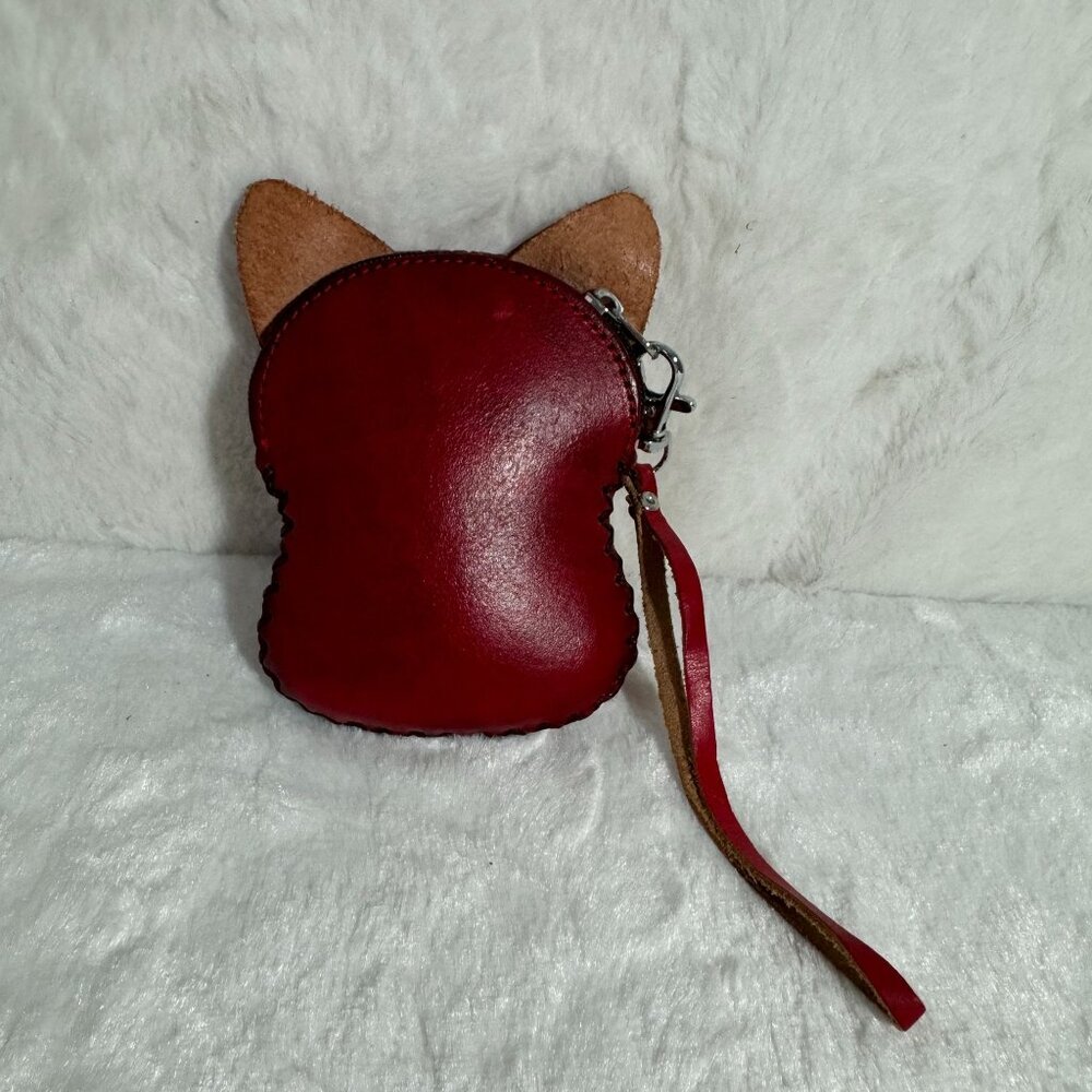 Hand Tooled Cat-Shaped Leather Coin Purse Wristlet Strap Zipper Closure Big Eyes - Picture 3 of 6